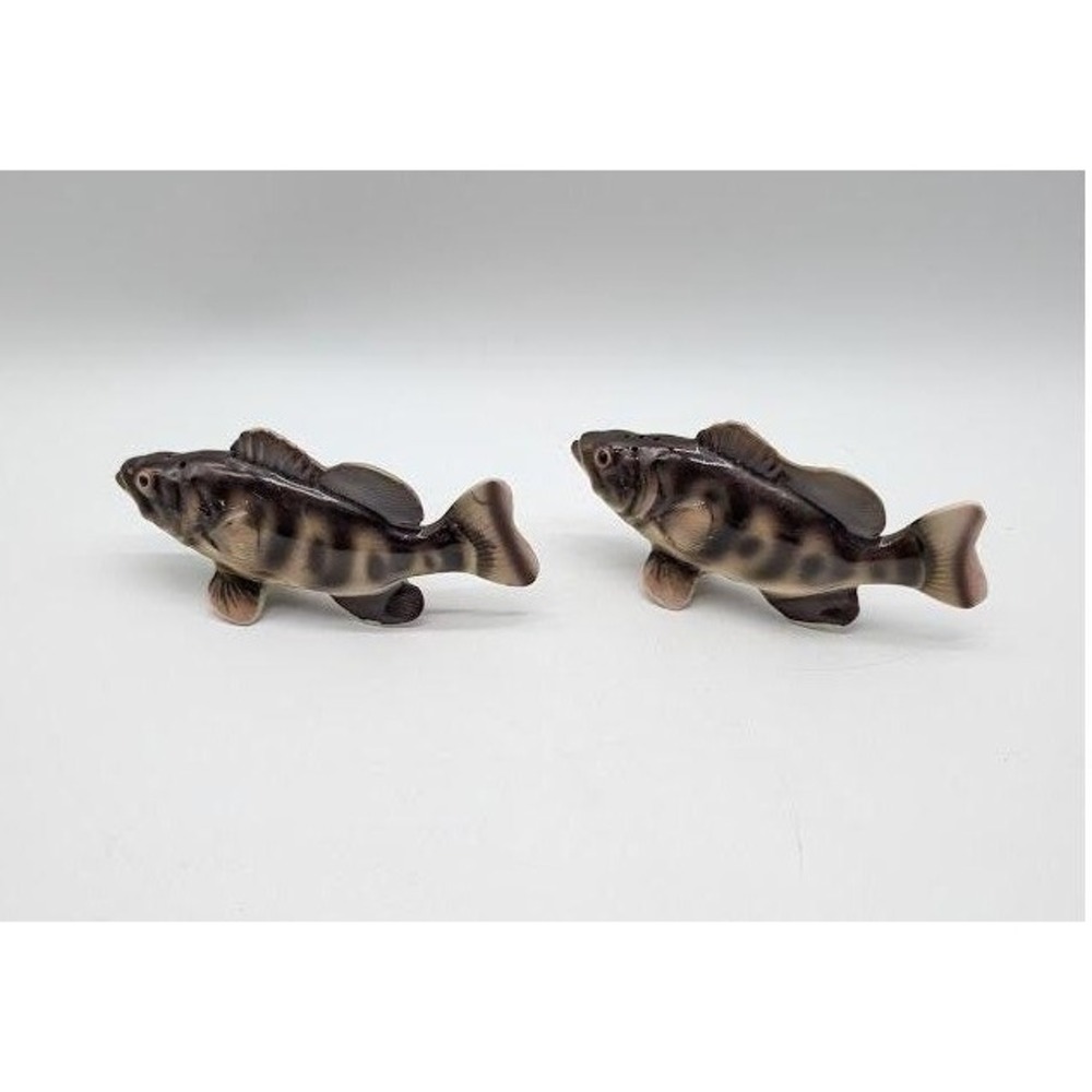 Vintage Relco Japan Small Mouth Black Bass Salt‎ and Pepper Shakers Ceramic Fish